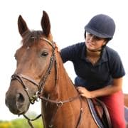 Young rider on her horse with white background, Norway A rider patting her horse after exercise