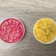 trypsin in soybean An image of two types of soybeans tested for trypsin inhibitors, the left is red indicating the presence of trypsin inhibitors and the right is yellow, indicating that it is safe for horses